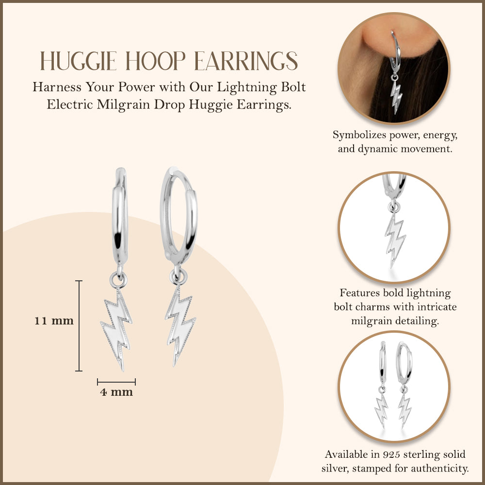 Sterling Silver Lightning Bolt Electric Milgrain Huggie Hoop Earrings, view 3