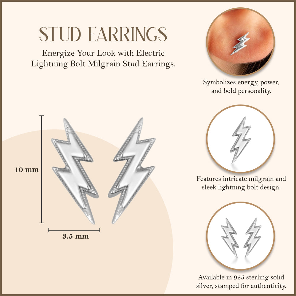 Sterling Silver Lightning Bolt Electric Milgrain Stud Earrings, view 3