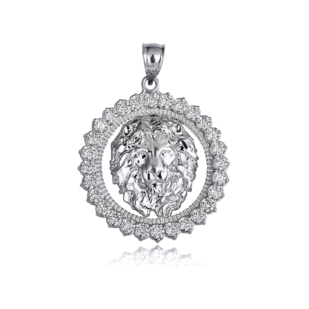 Sterling Silver Lion Head Round Cubic Zirconia Pendant Necklace