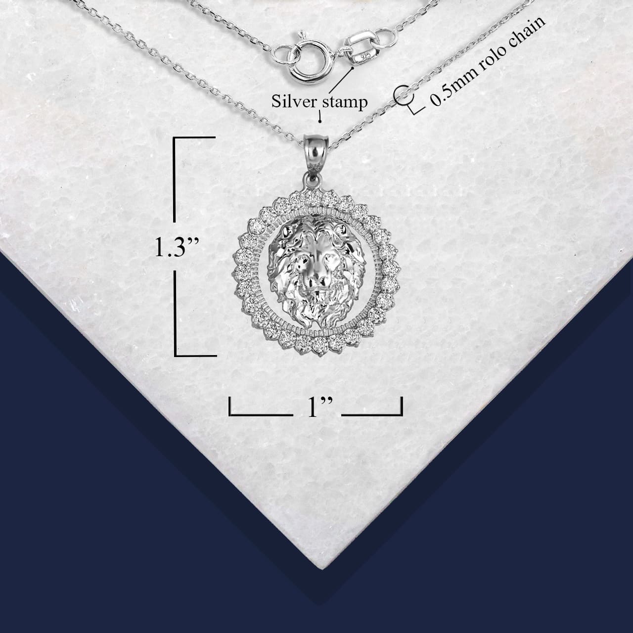Sterling Silver Lion Head Round Cubic Zirconia Pendant Necklace, view 3