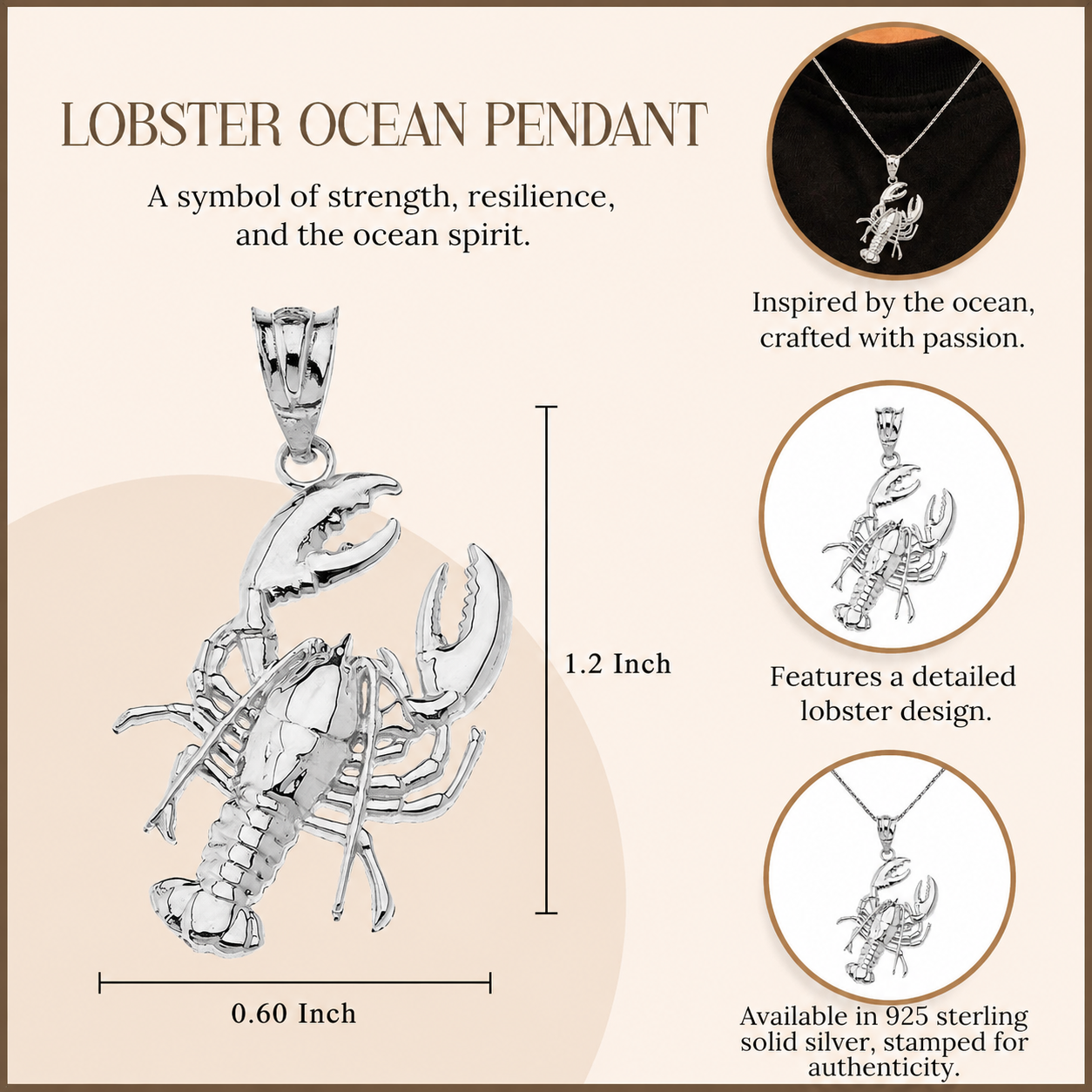 Sterling Silver Lobster Ocean Pendant Necklace, view 3