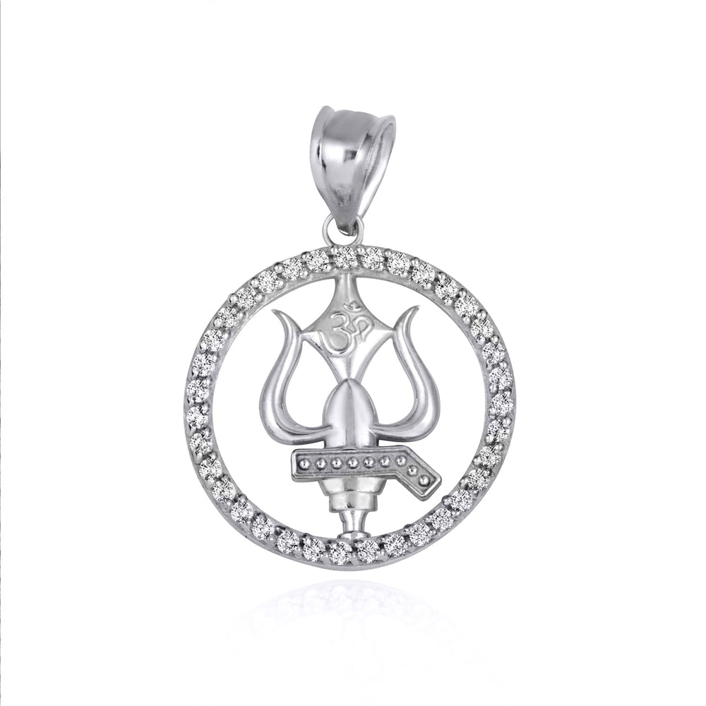 Sterling Silver Lord Shiva Trishul Trident Hindu Om Cubic Zirconia Halo Pendant Necklace
