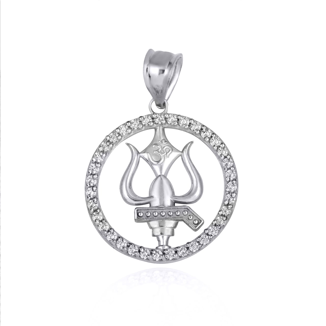 Sterling Silver Lord Shiva Trishul Trident Hindu Om Cubic Zirconia Halo Pendant Necklace