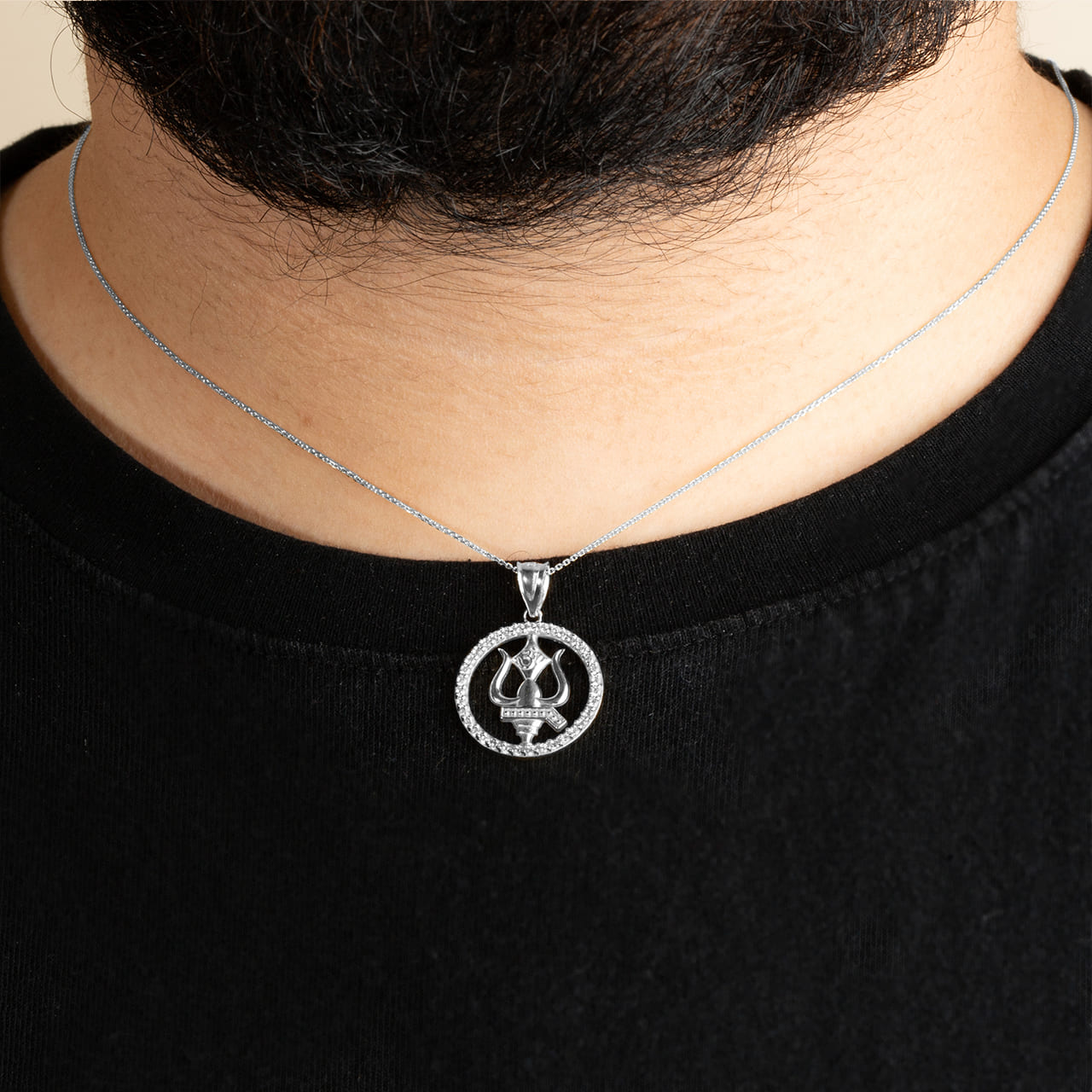 Sterling Silver Lord Shiva Trishul Trident Hindu Om Cubic Zirconia Halo Pendant Necklace, view 2