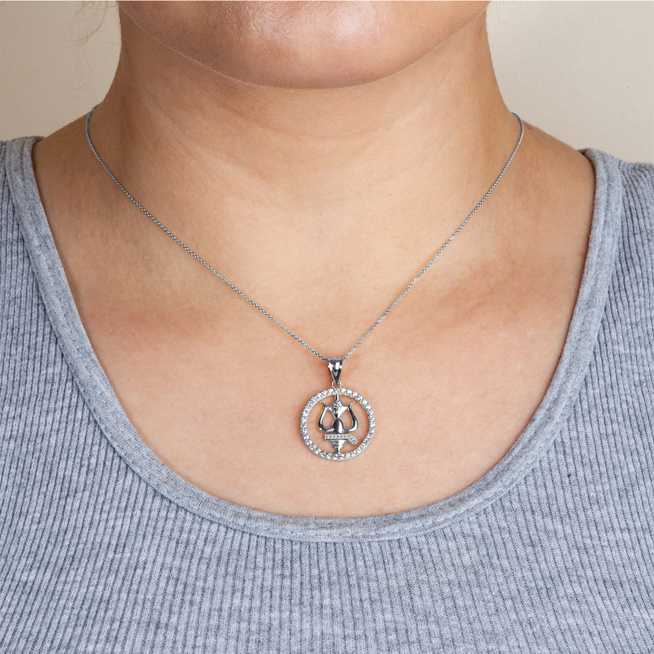 Sterling Silver Lord Shiva Trishul Trident Hindu Om Cubic Zirconia Halo Pendant Necklace, view 3