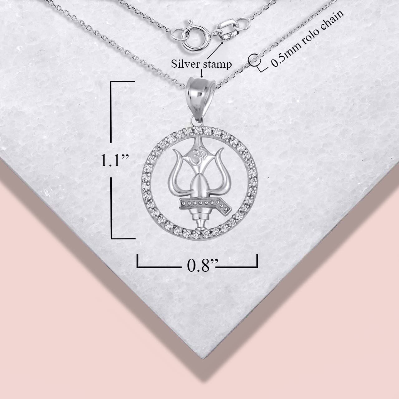 Sterling Silver Lord Shiva Trishul Trident Hindu Om Cubic Zirconia Halo Pendant Necklace, view 4