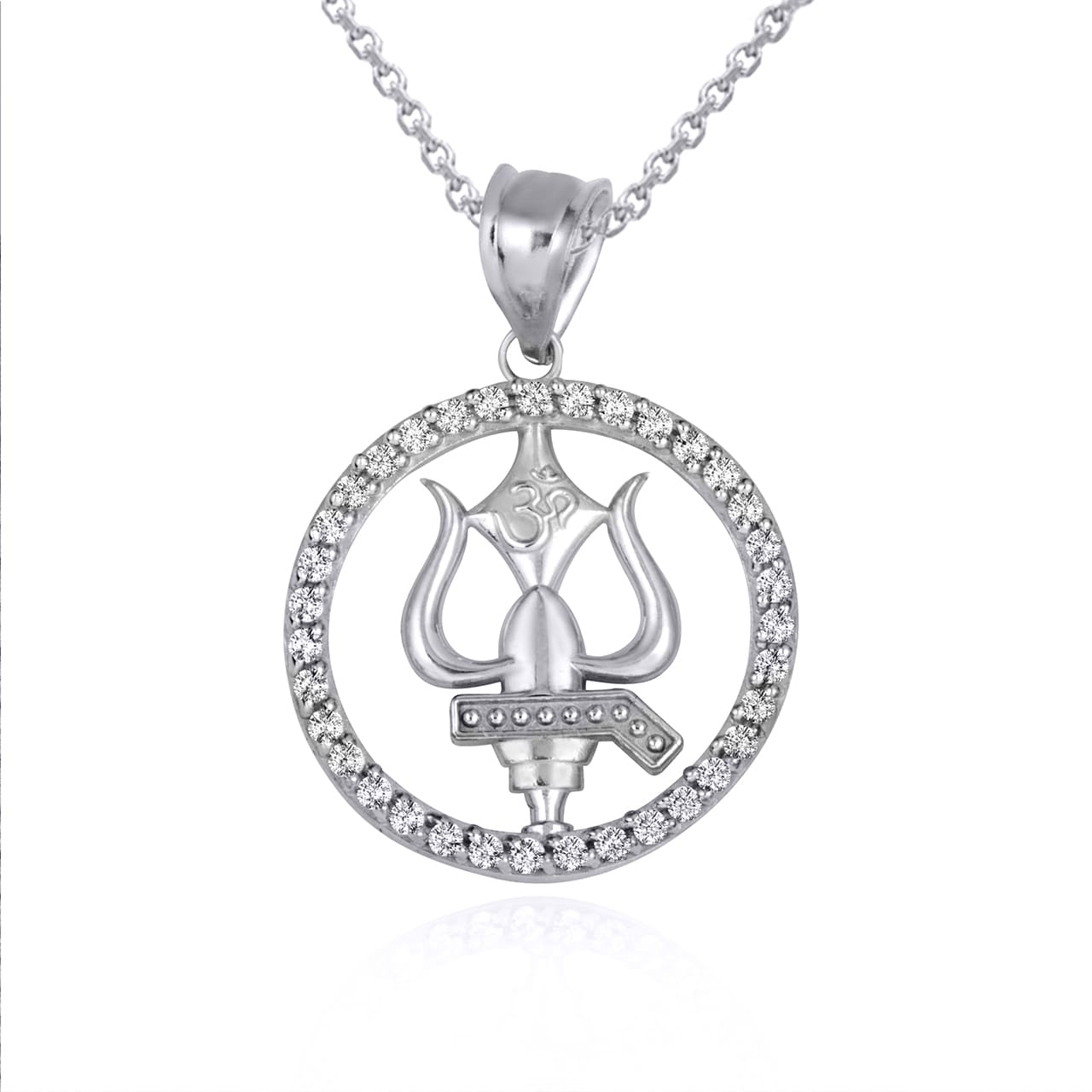 Sterling Silver Lord Shiva Trishul Trident Hindu Om Cubic Zirconia Halo Pendant Necklace, view 5