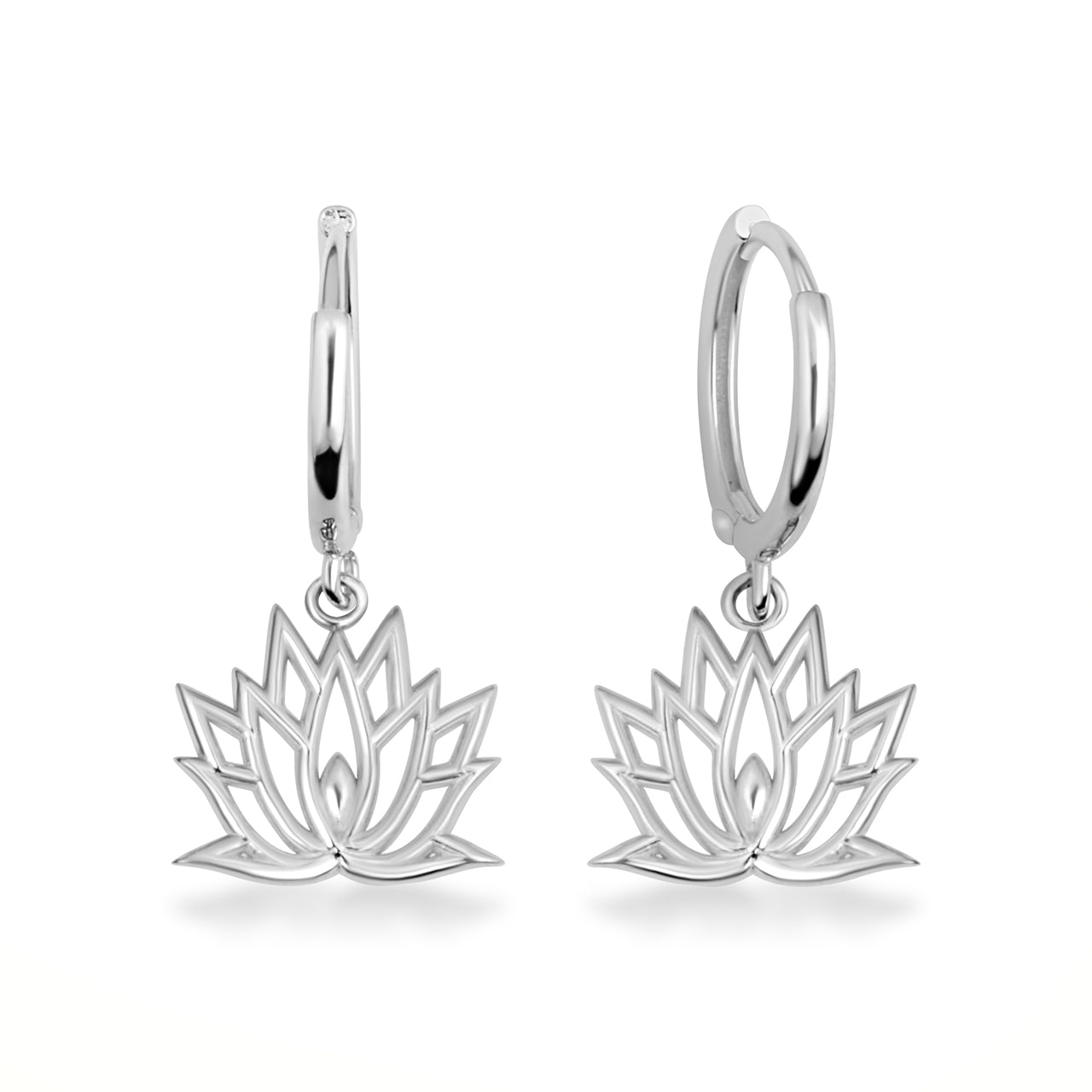 Sterling Silver Lotus Bloom Flower Drop Huggie Hoop Earrings