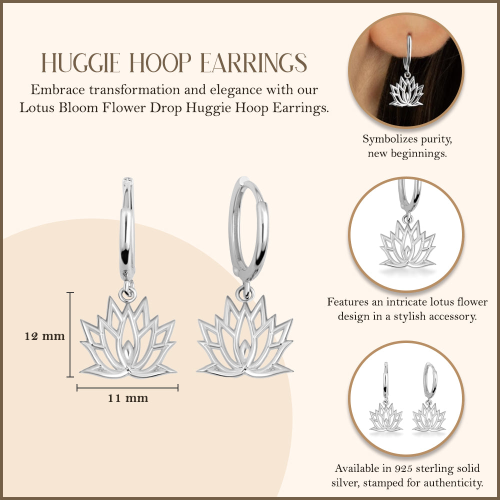 Sterling Silver Lotus Bloom Flower Drop Huggie Hoop Earrings, view 3