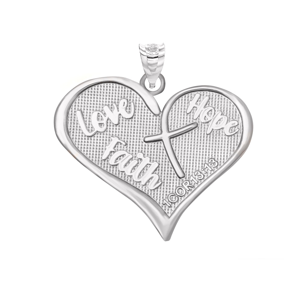 Sterling Silver Love, Hope, Faith Prayer Bible Verse 1 Cor 13:13 Textured Cross Heart Pendant Necklace