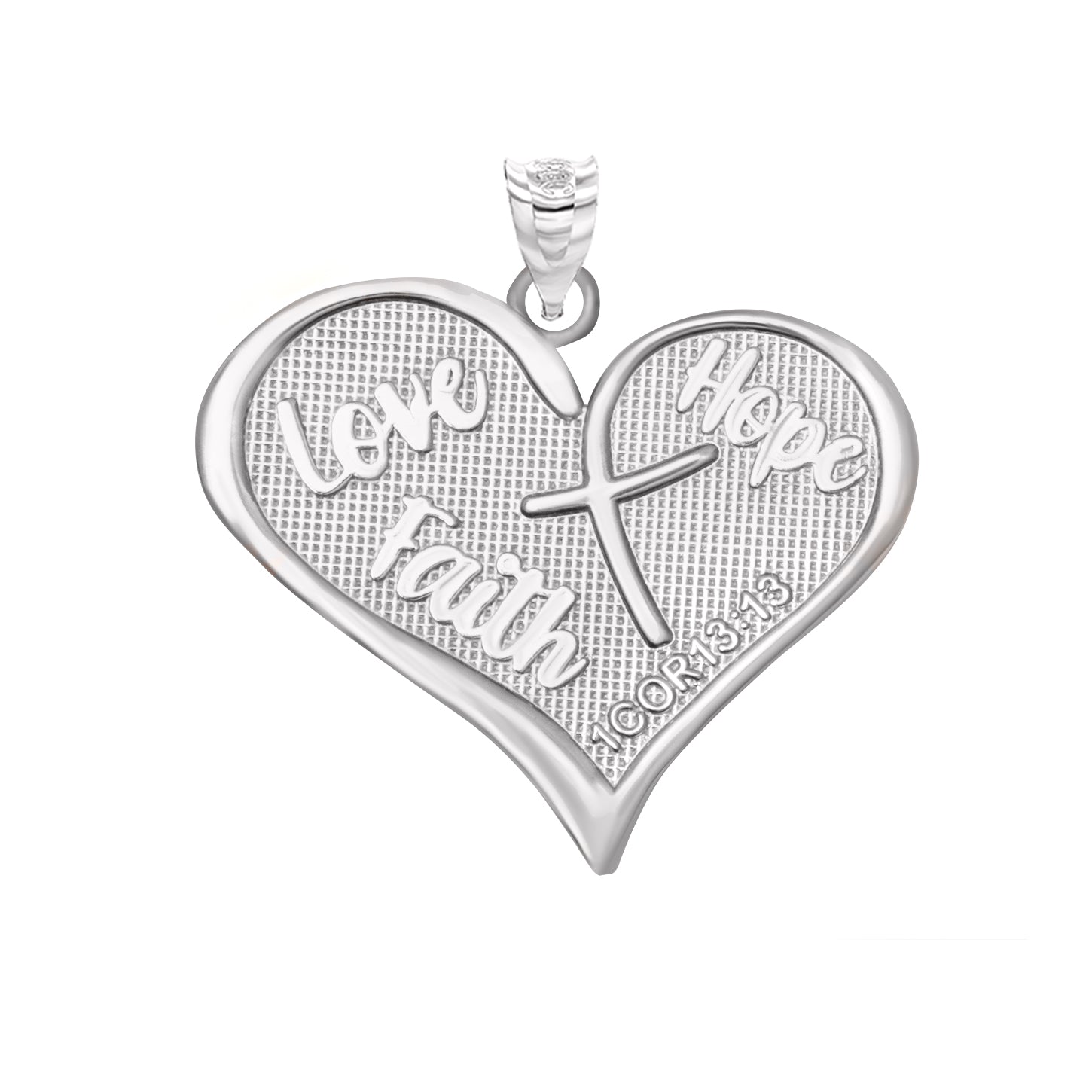 Sterling Silver Love, Hope, Faith Prayer Bible Verse 1 Cor 13:13 Textured Cross Heart Pendant Necklace