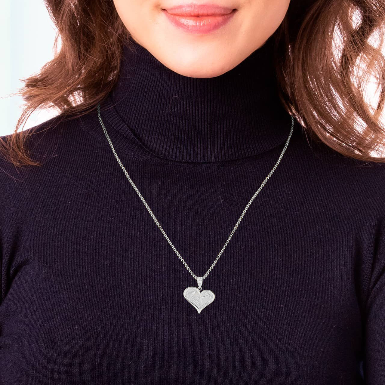 Sterling Silver Love, Hope, Faith Prayer Bible Verse 1 Cor 13:13 Textured Cross Heart Pendant Necklace, view 2