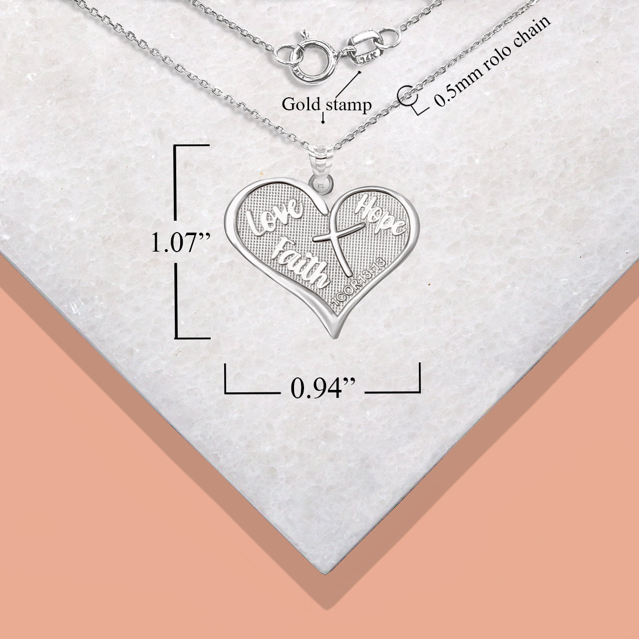 Sterling Silver Love, Hope, Faith Prayer Bible Verse 1 Cor 13:13 Textured Cross Heart Pendant Necklace, view 3