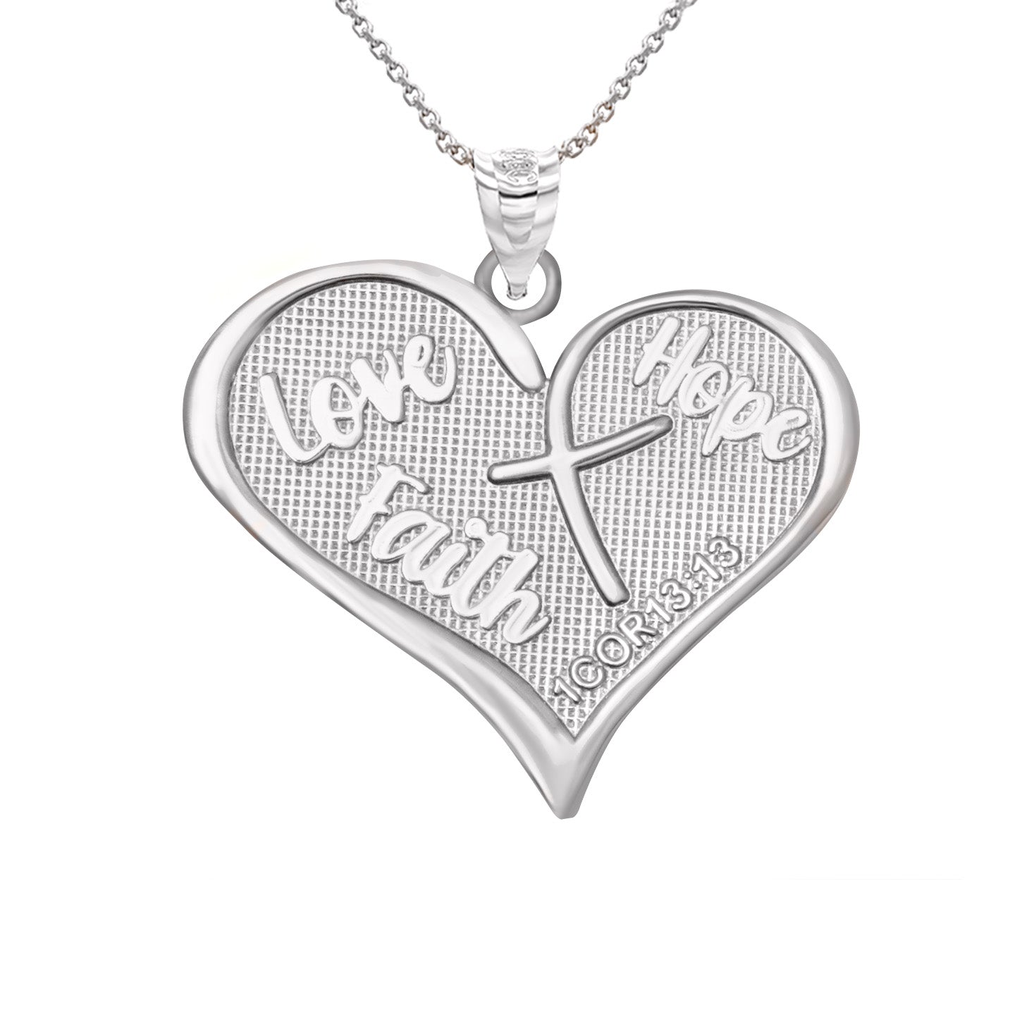 Sterling Silver Love, Hope, Faith Prayer Bible Verse 1 Cor 13:13 Textured Cross Heart Pendant Necklace, view 4