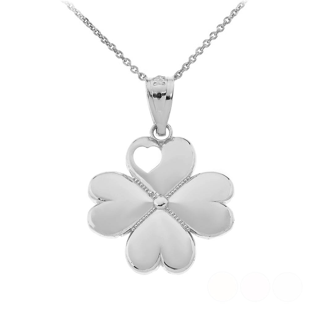 Sterling Silver Lucky 4 Leaf Clover Heart Pendant Necklace