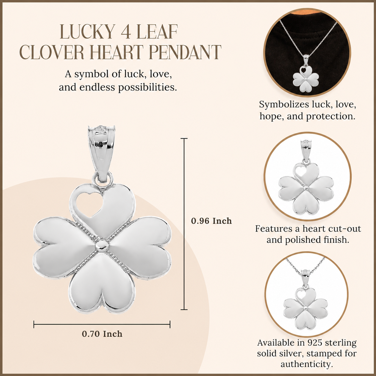Sterling Silver Lucky 4 Leaf Clover Heart Pendant Necklace, view 3
