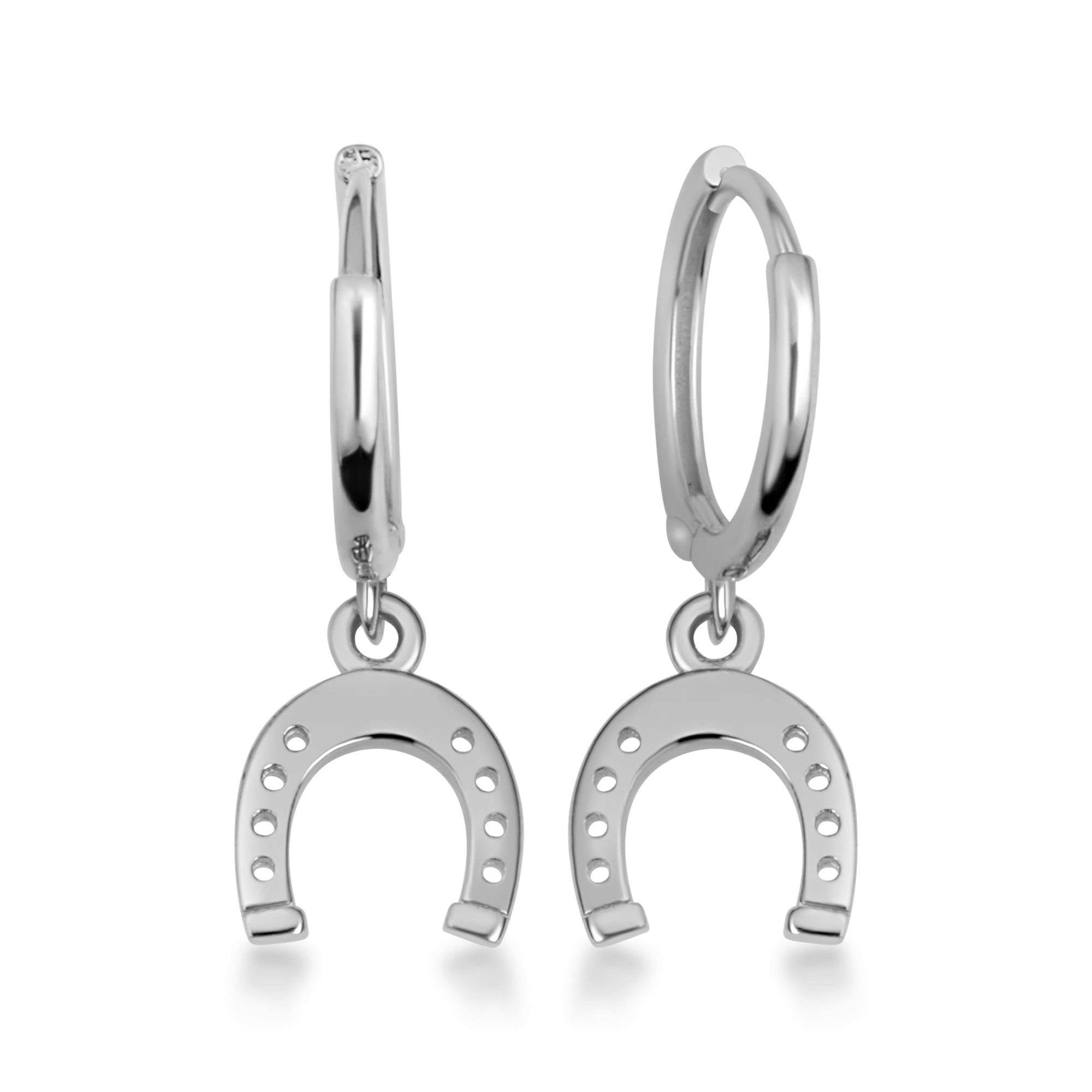 Sterling Silver Lucky Horseshoe Drop Huggie Hoop Earrings