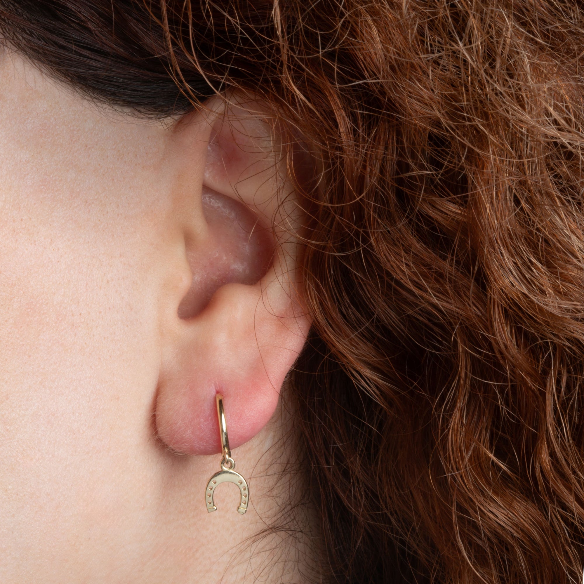 Sterling Silver Lucky Horseshoe Drop Huggie Hoop Earrings, view 2