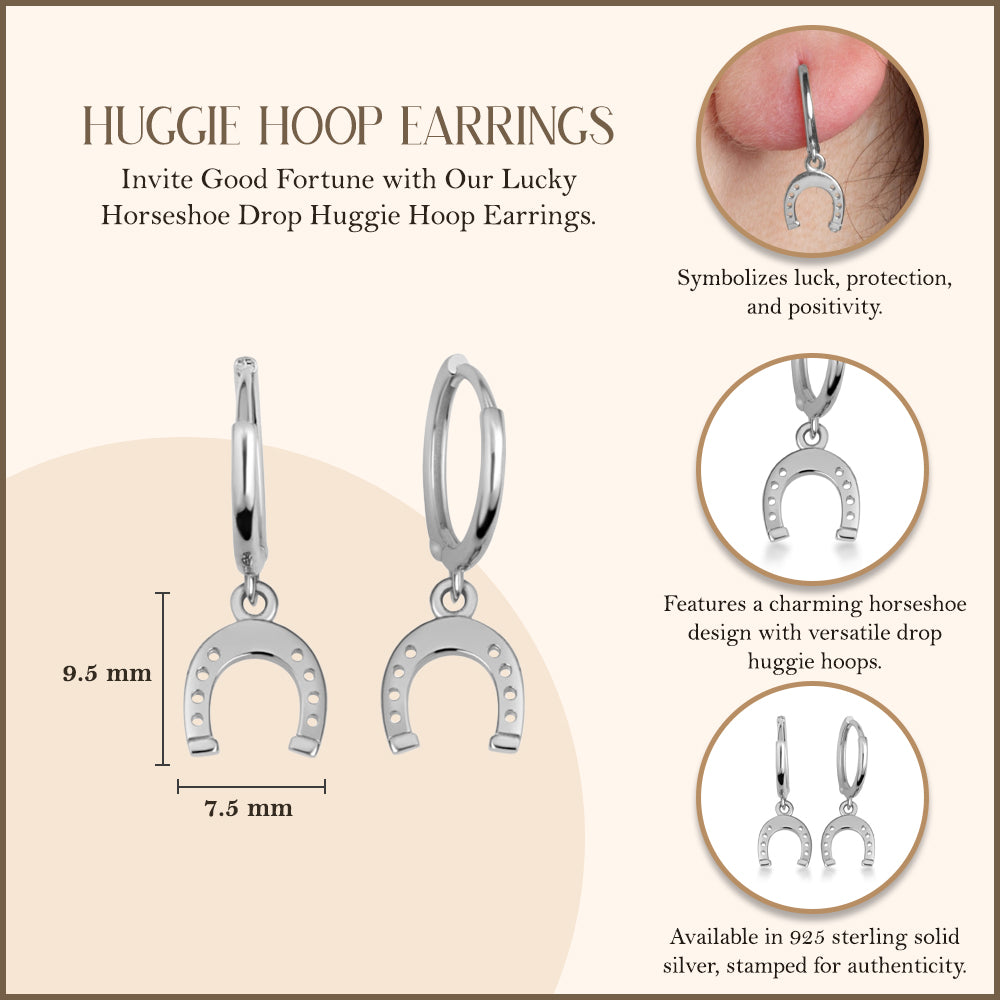 Sterling Silver Lucky Horseshoe Drop Huggie Hoop Earrings, view 3
