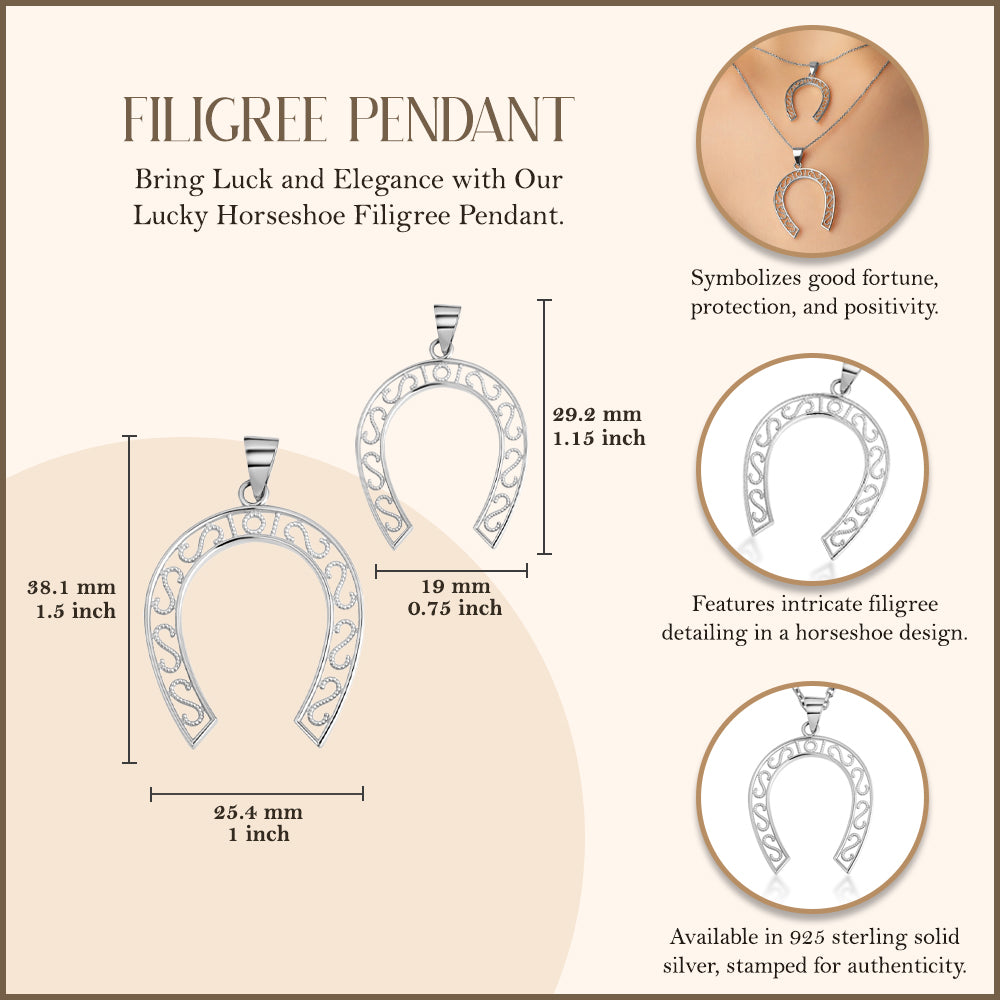 Sterling Silver Lucky Horseshoe Filigree Pendant Necklace, view 3