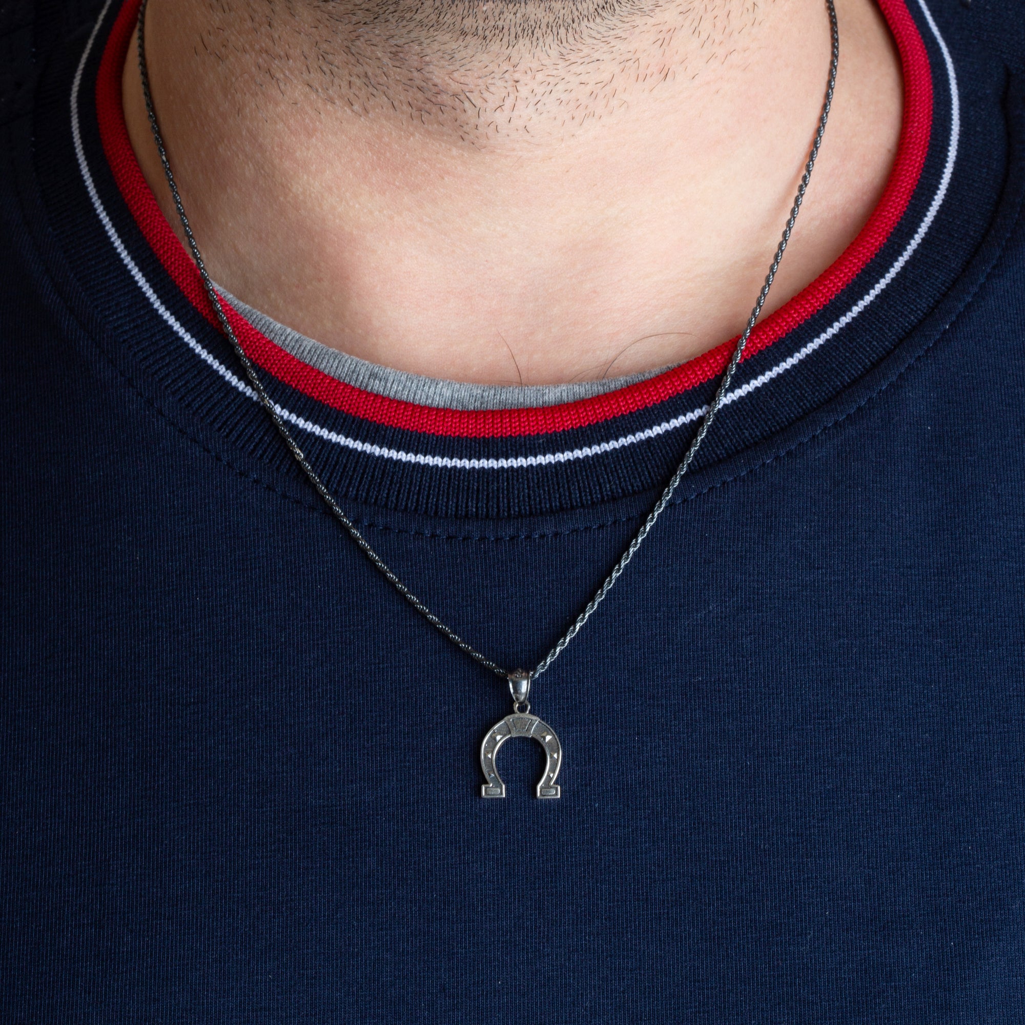 Sterling Silver Lucky Horseshoe Oxidized Charm Pendant Necklace, view 3