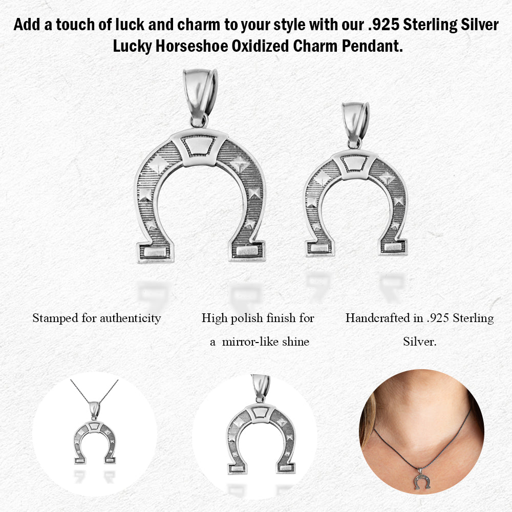 Sterling Silver Lucky Horseshoe Oxidized Charm Pendant Necklace, view 6