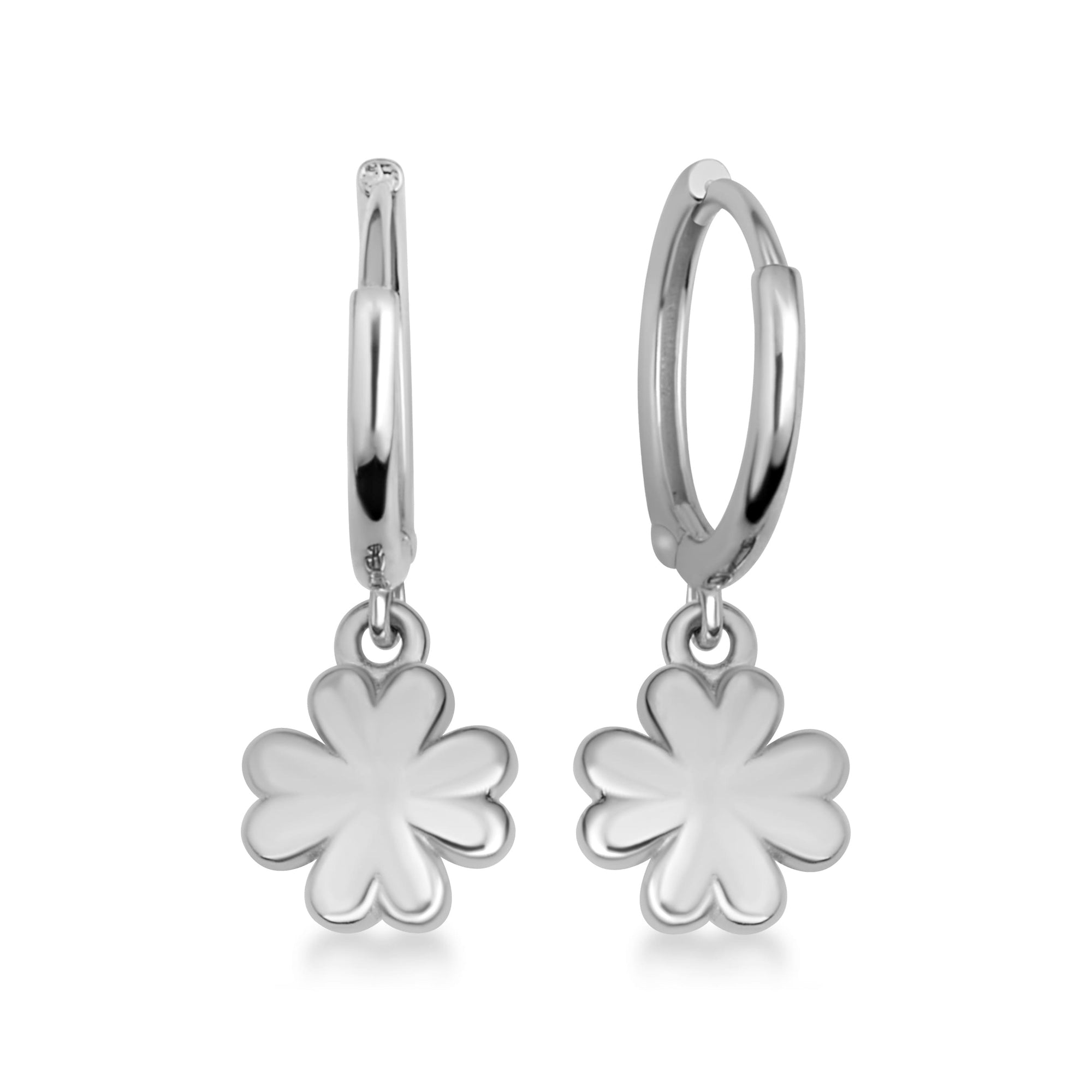 Sterling Silver Lucky Irish 4 Leaf Clover Drop Huggie Hoop Earrings