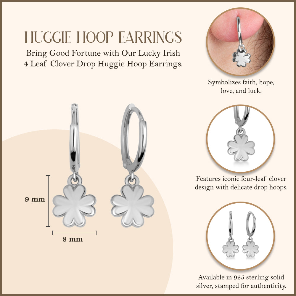 Sterling Silver Lucky Irish 4 Leaf Clover Drop Huggie Hoop Earrings, view 3