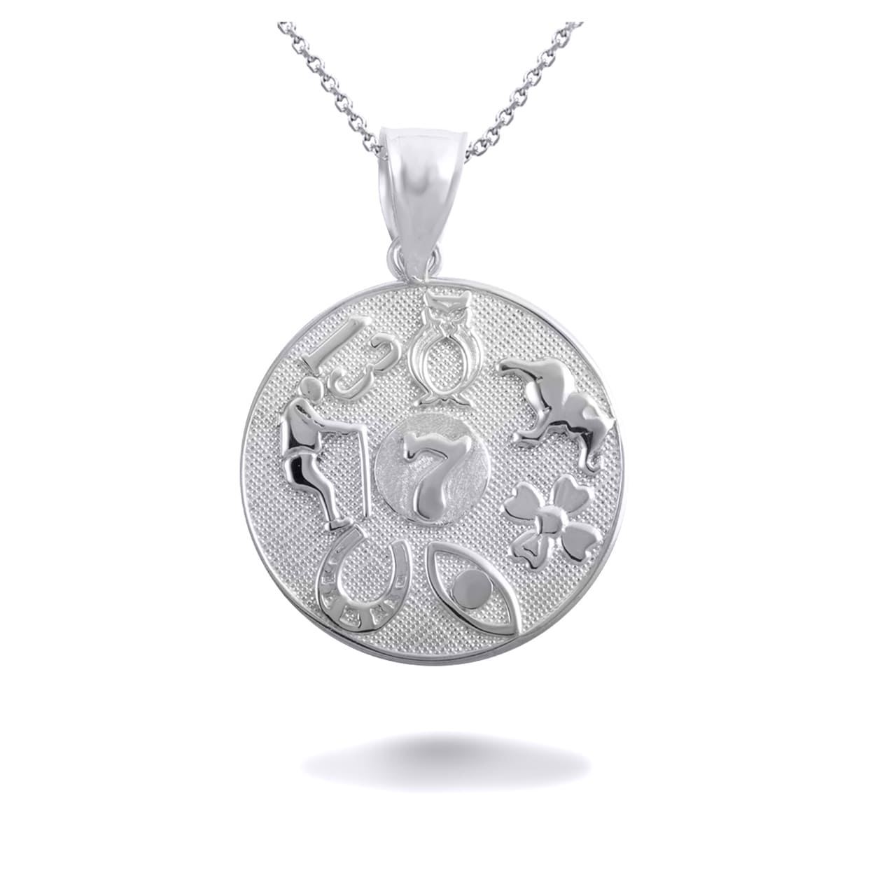 Sterling Silver Lucky Symbols Beaded Medallion Pendant Necklace, view 4