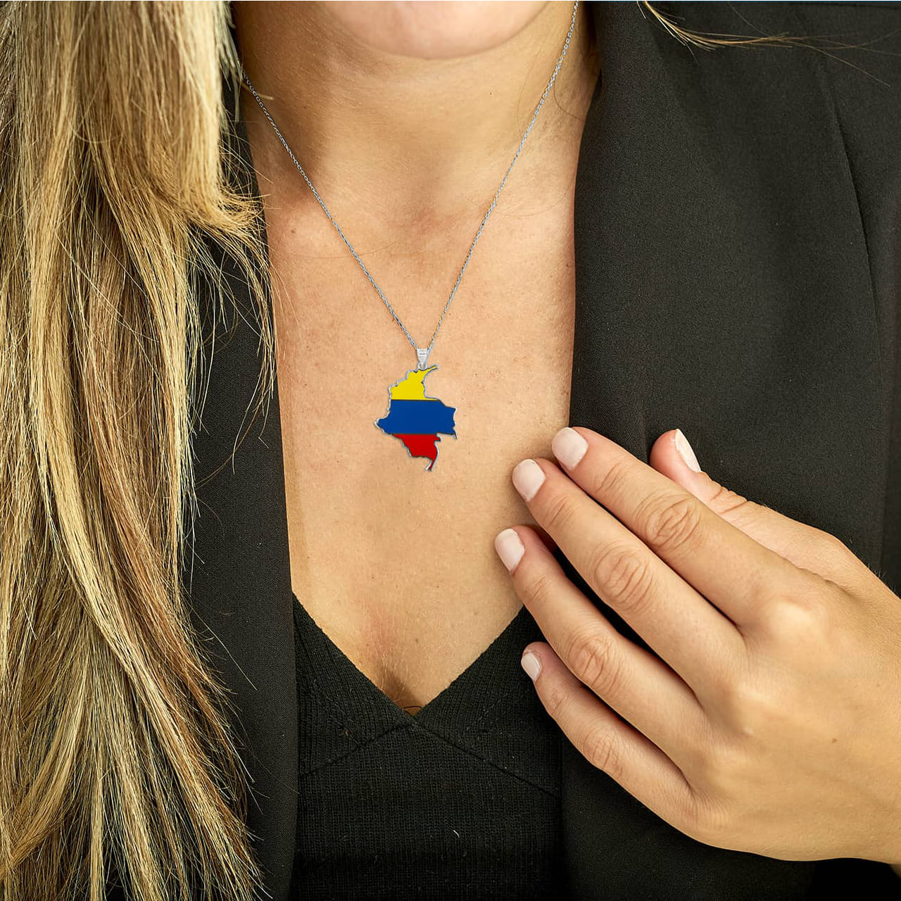 Sterling Silver Map of Colombia Country Flag Enamel Pendant Necklace, view 3