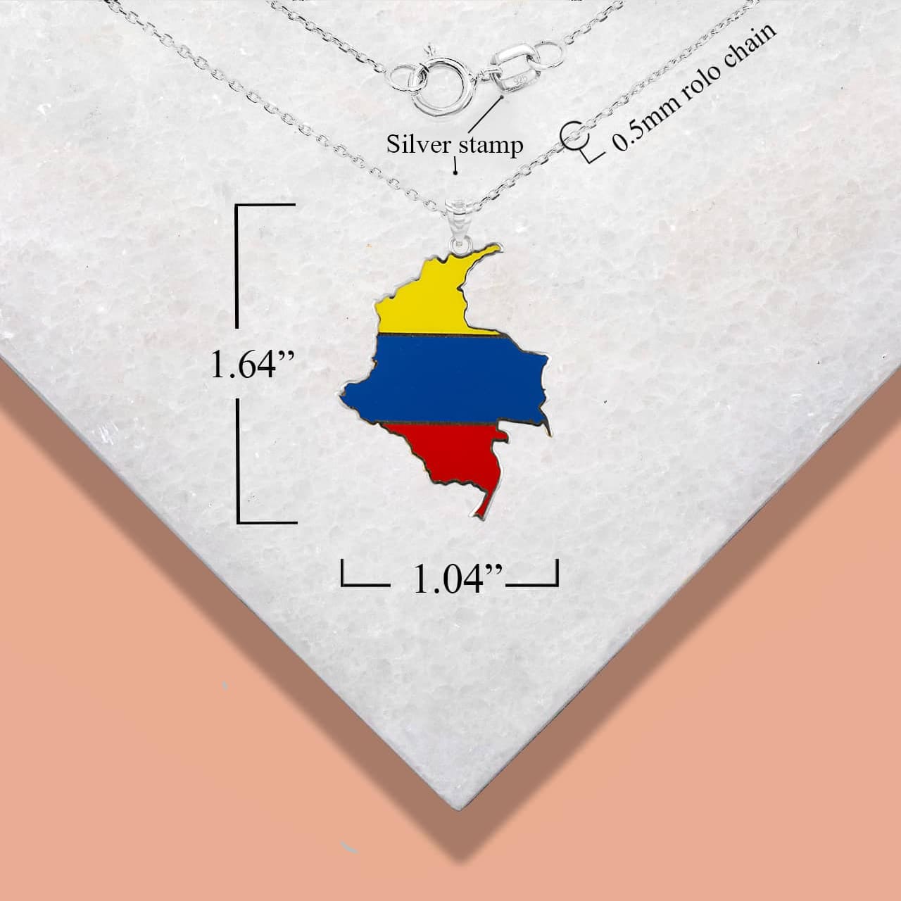 Sterling Silver Map of Colombia Country Flag Enamel Pendant Necklace, view 4