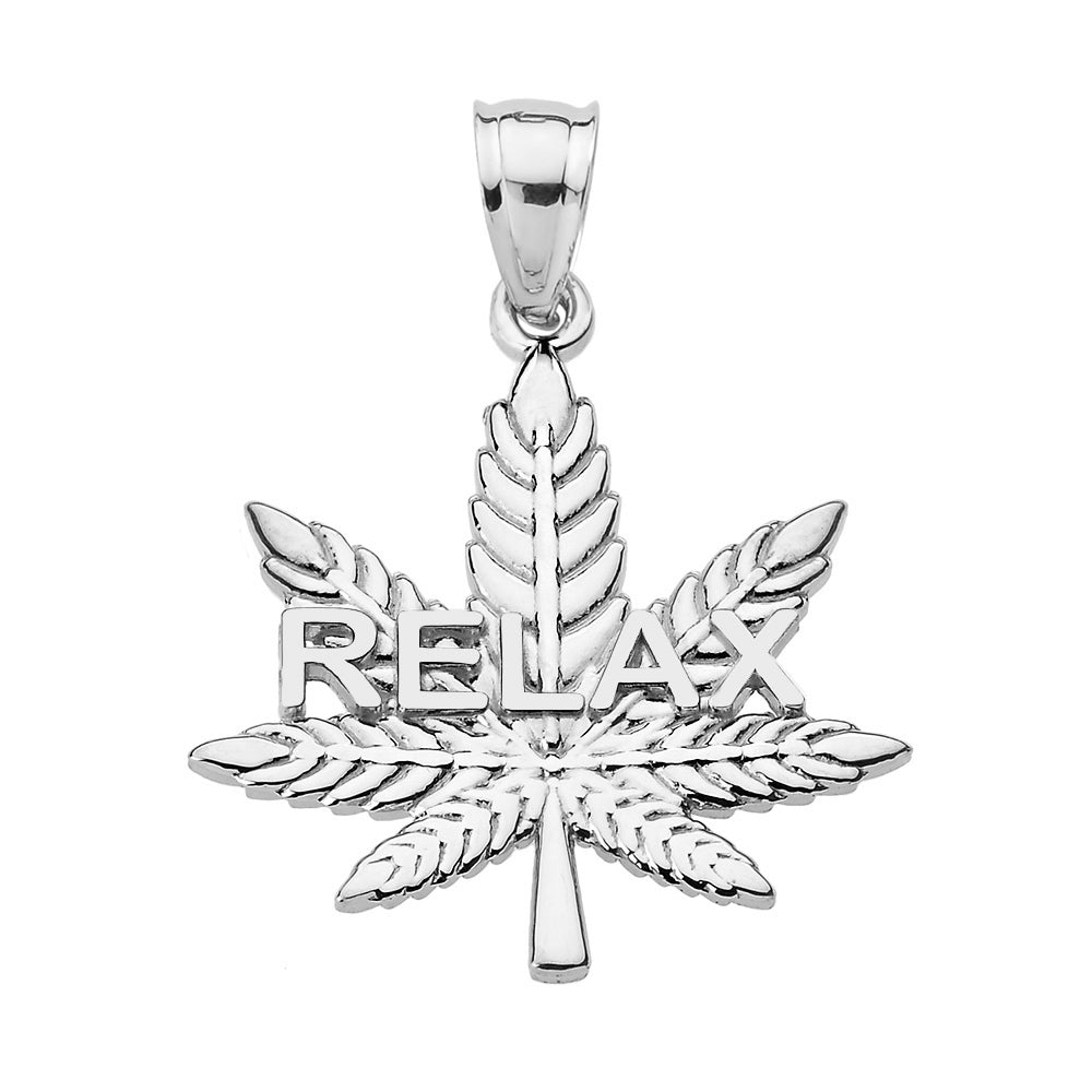 Sterling Silver Marijuana Cannabis Leaf "RELAX" Script Pendant Necklace, view 2