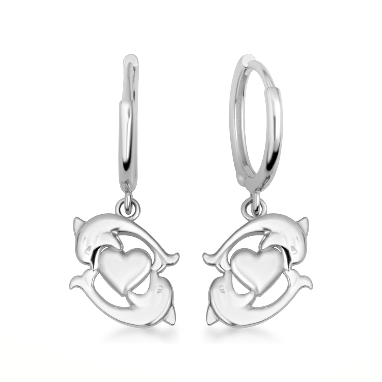 Sterling Silver Marine Dolphin Heart Drop Huggie Hoop Earrings