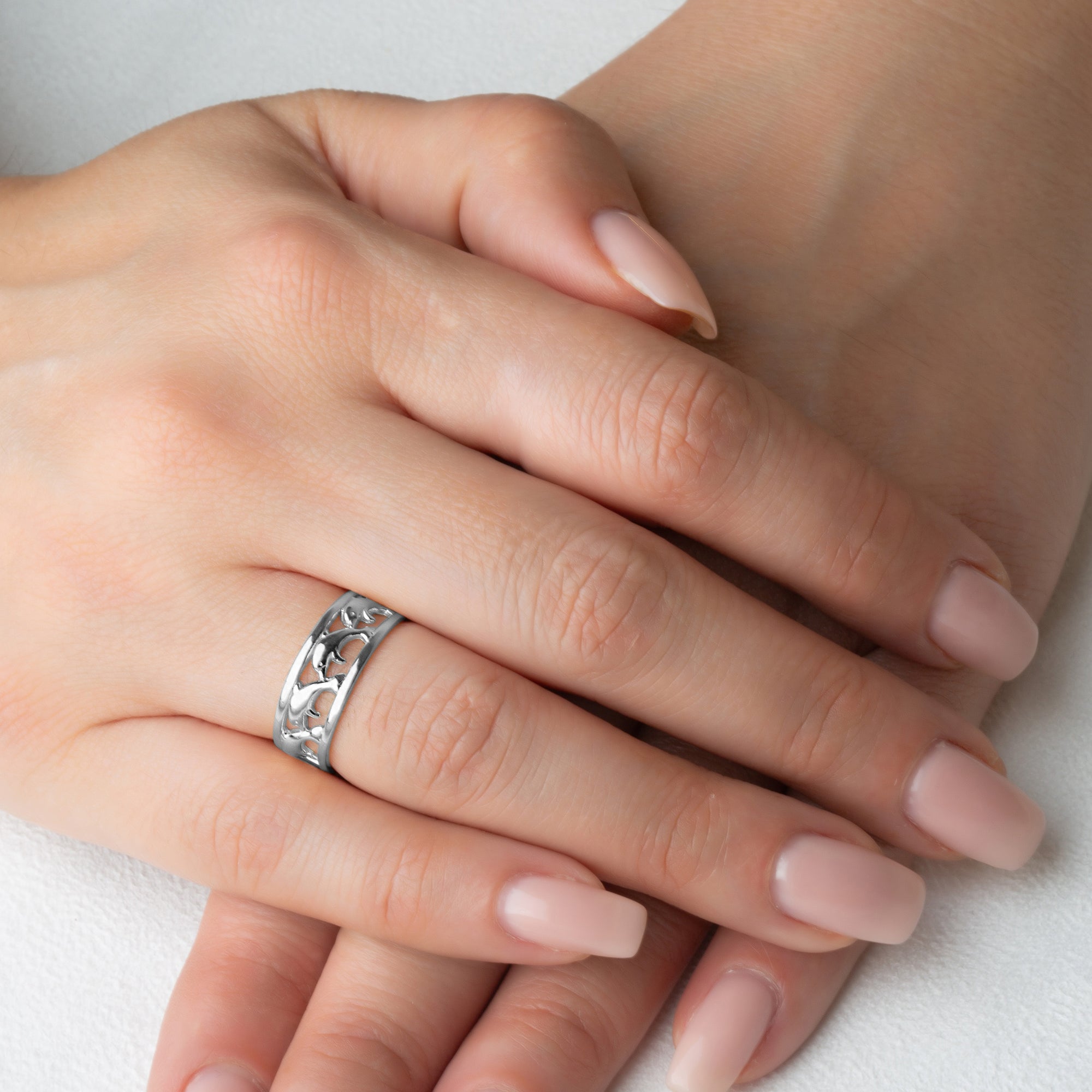Sterling Silver Marine Dolphins Band Ring, view 2