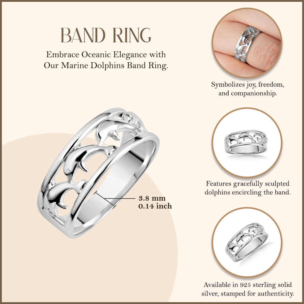 Sterling Silver Marine Dolphins Band Ring, view 3