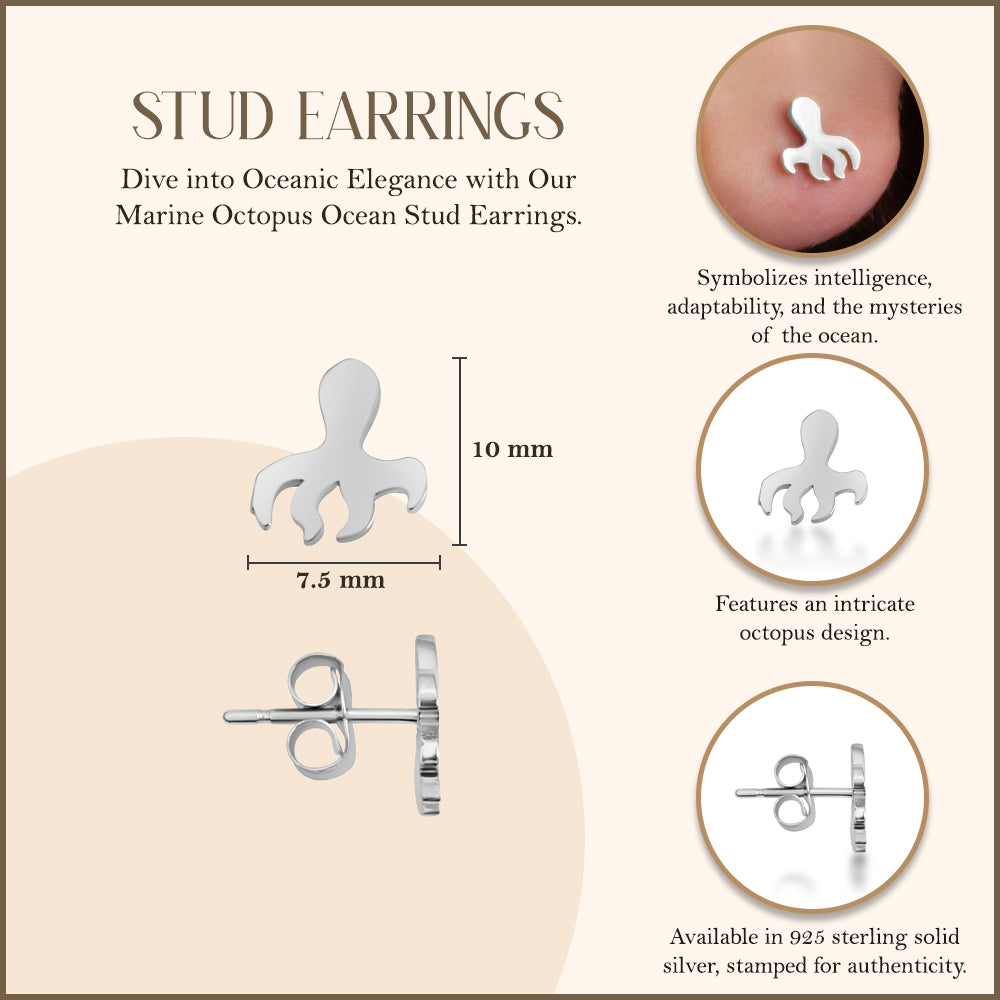 Sterling Silver Marine Octopus Ocean Stud Earrings, view 3