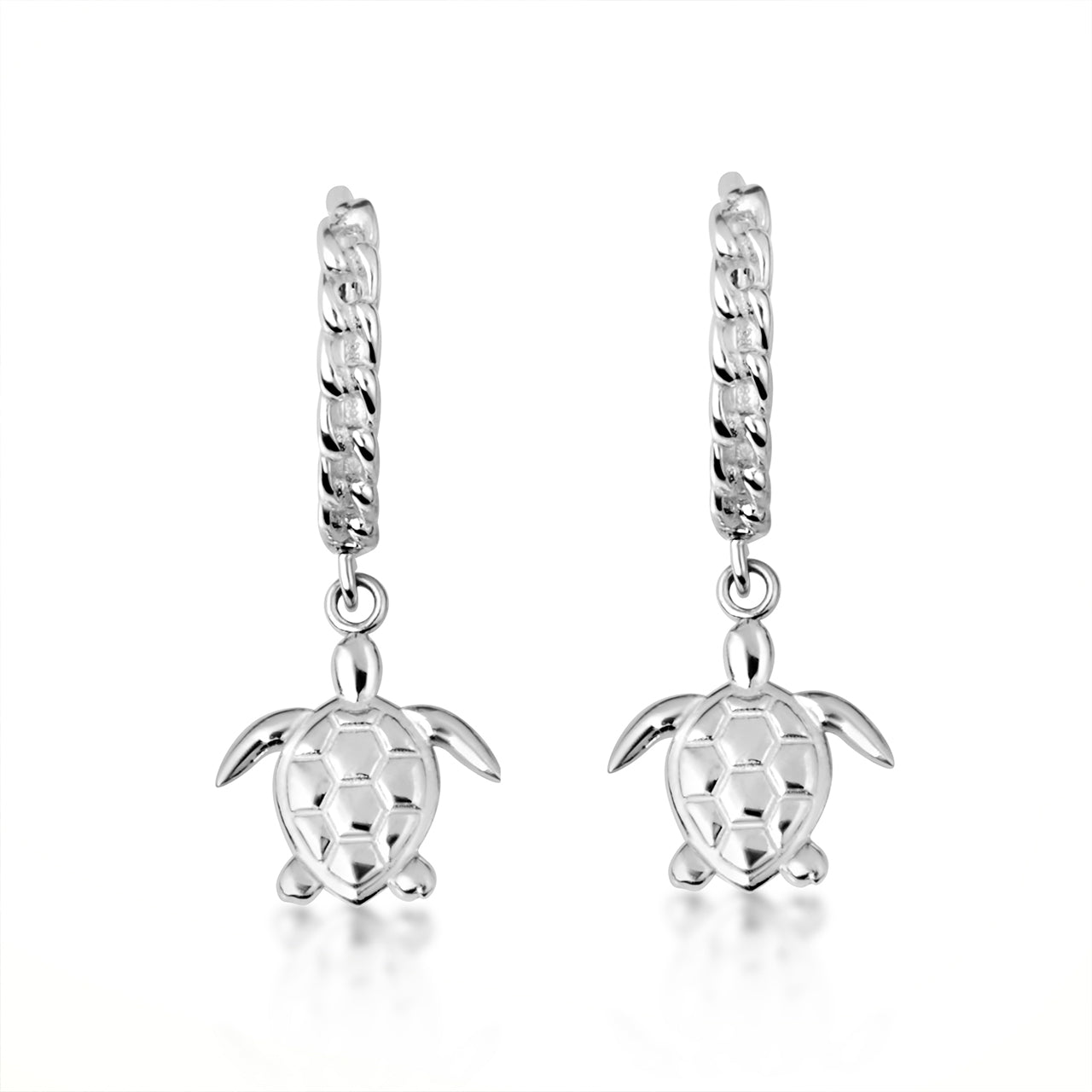 Sterling Silver Marine Sea Turtle Cuban Link Huggie Hoop Earrings