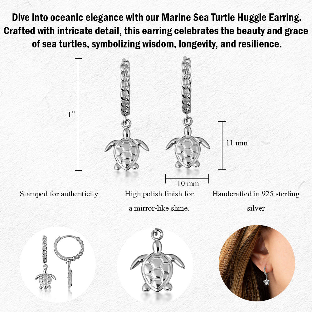 Sterling Silver Marine Sea Turtle Cuban Link Huggie Hoop Earrings, view 3