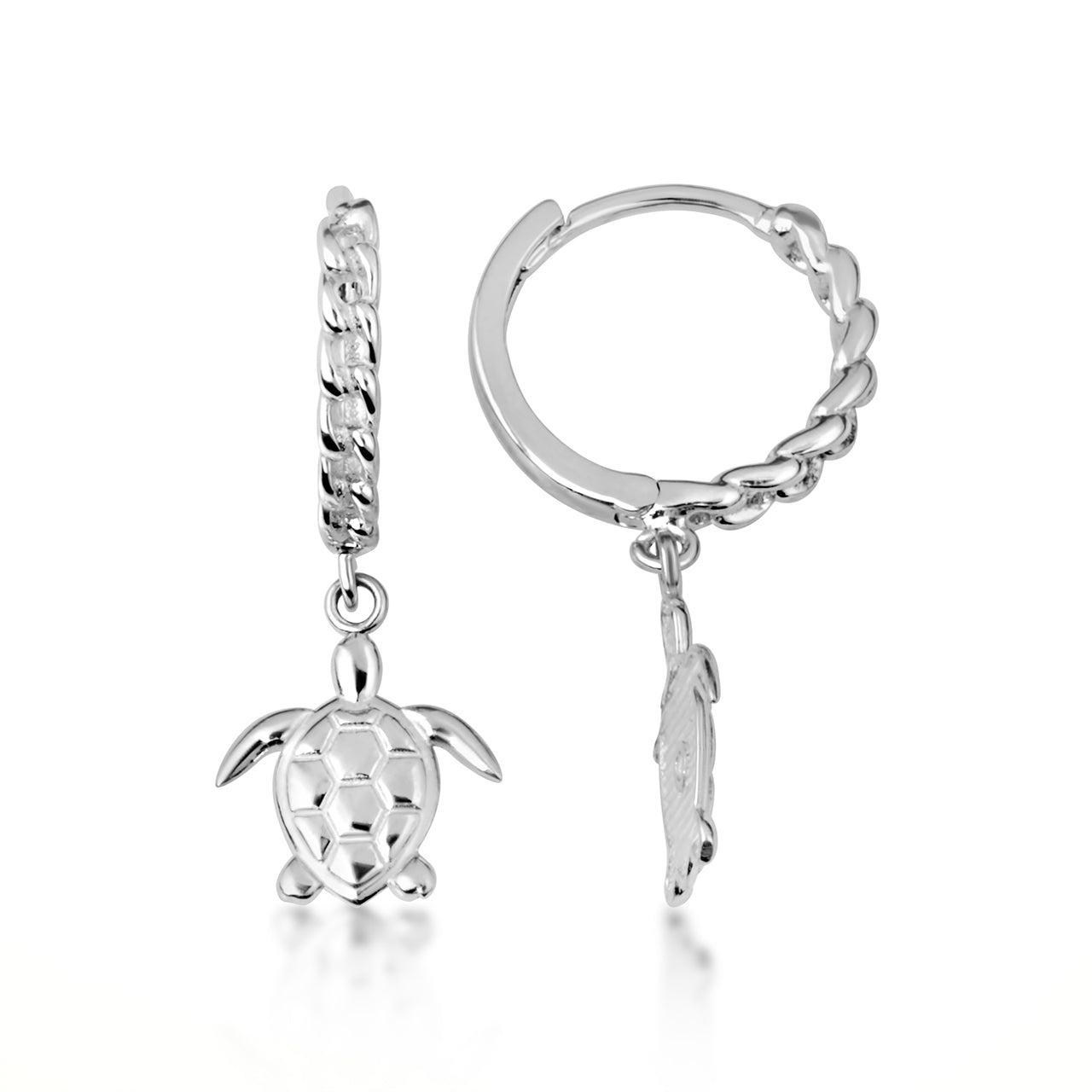 Sterling Silver Marine Sea Turtle Cuban Link Huggie Hoop Earrings, view 4