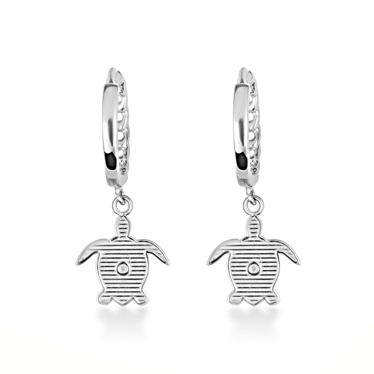 Sterling Silver Marine Sea Turtle Cuban Link Huggie Hoop Earrings, view 5