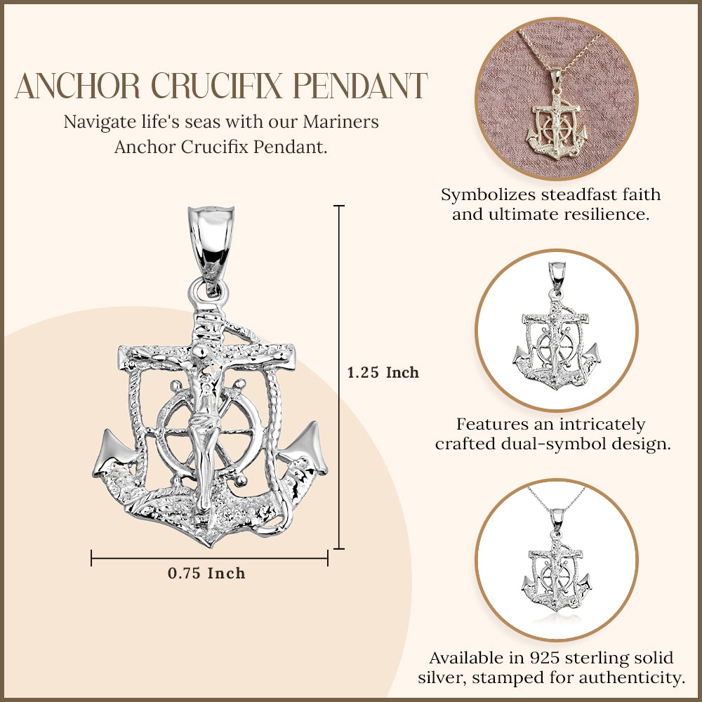 Sterling Silver Mariners Anchor Crucifix Pendant Necklace, view 4