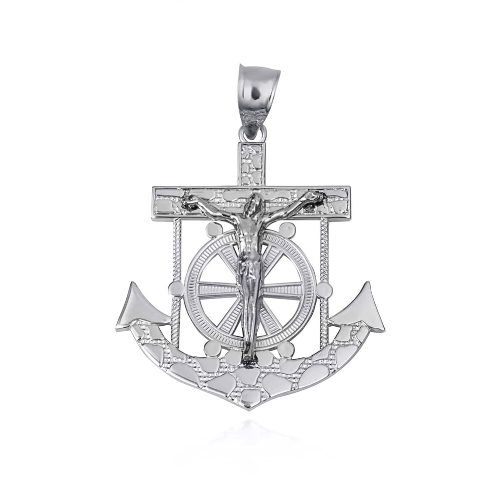 Sterling Silver Mariners Anchor Jesus Cross Crucifix Nugget Pendant Necklace (S/M/L)