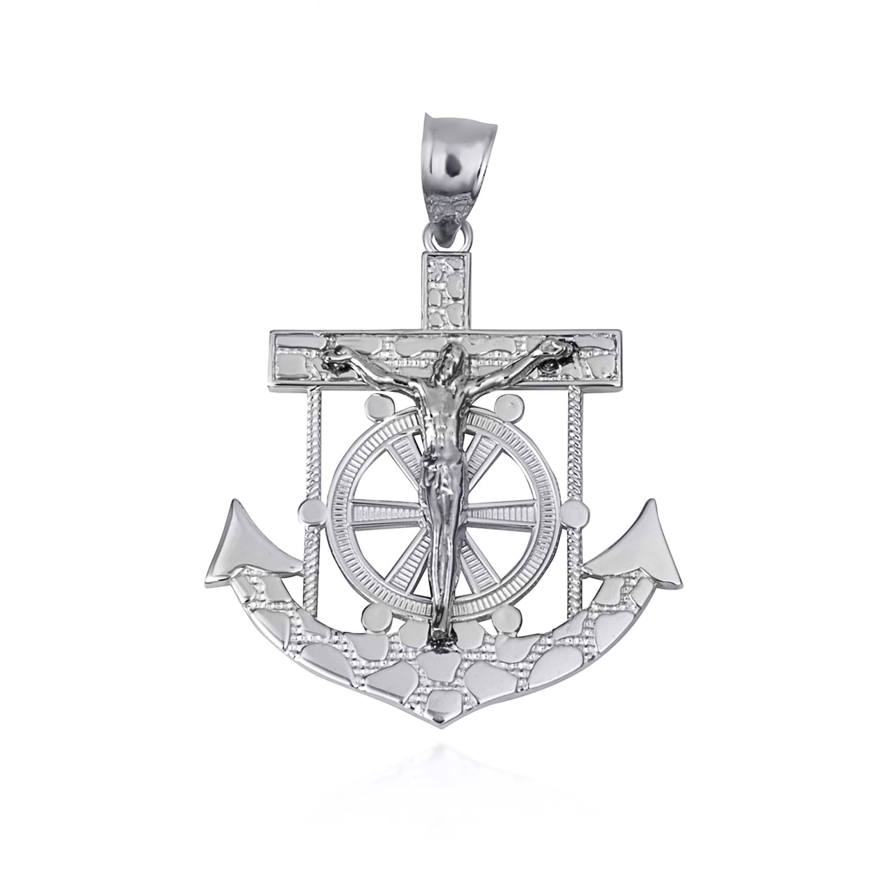 Sterling Silver Mariners Anchor Jesus Cross Crucifix Nugget Pendant Necklace (S/M/L)