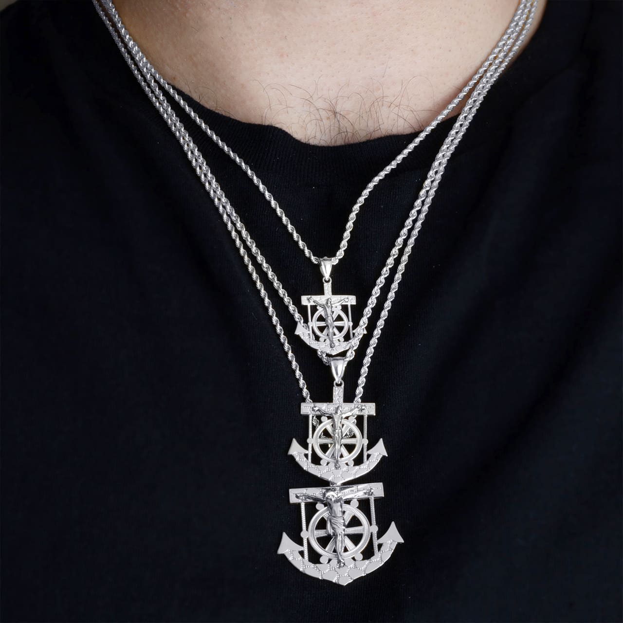 Sterling Silver Mariners Anchor Jesus Cross Crucifix Nugget Pendant Necklace (S/M/L), view 2