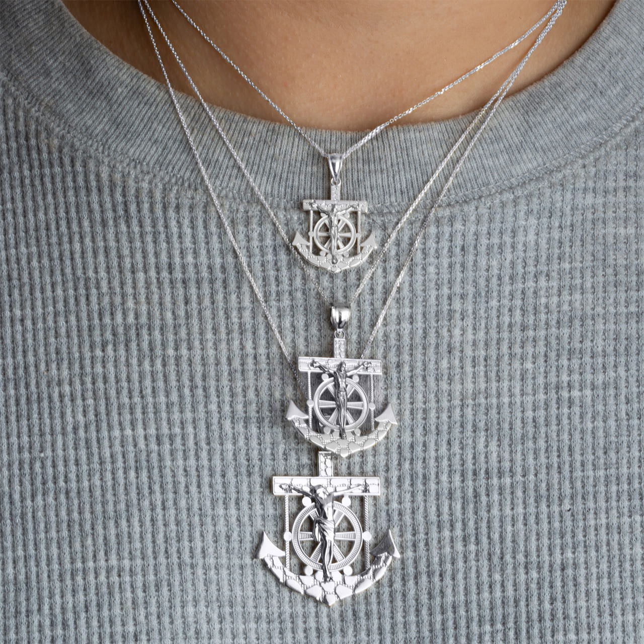 Sterling Silver Mariners Anchor Jesus Cross Crucifix Nugget Pendant Necklace (S/M/L), view 3