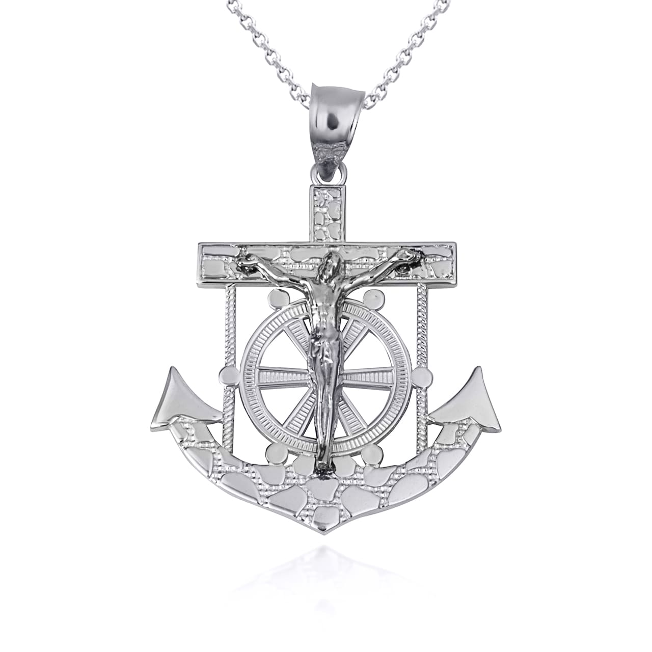 Sterling Silver Mariners Anchor Jesus Cross Crucifix Nugget Pendant Necklace (S/M/L), view 4