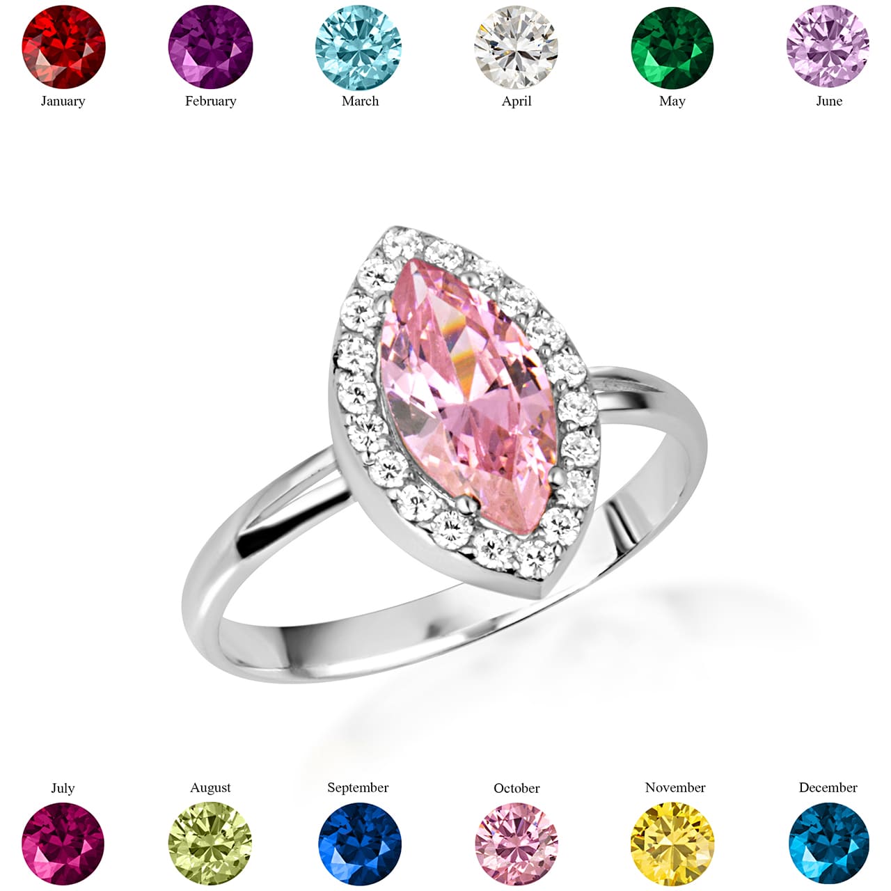 Sterling Silver Marquise Cut Birthstone Halo Ring