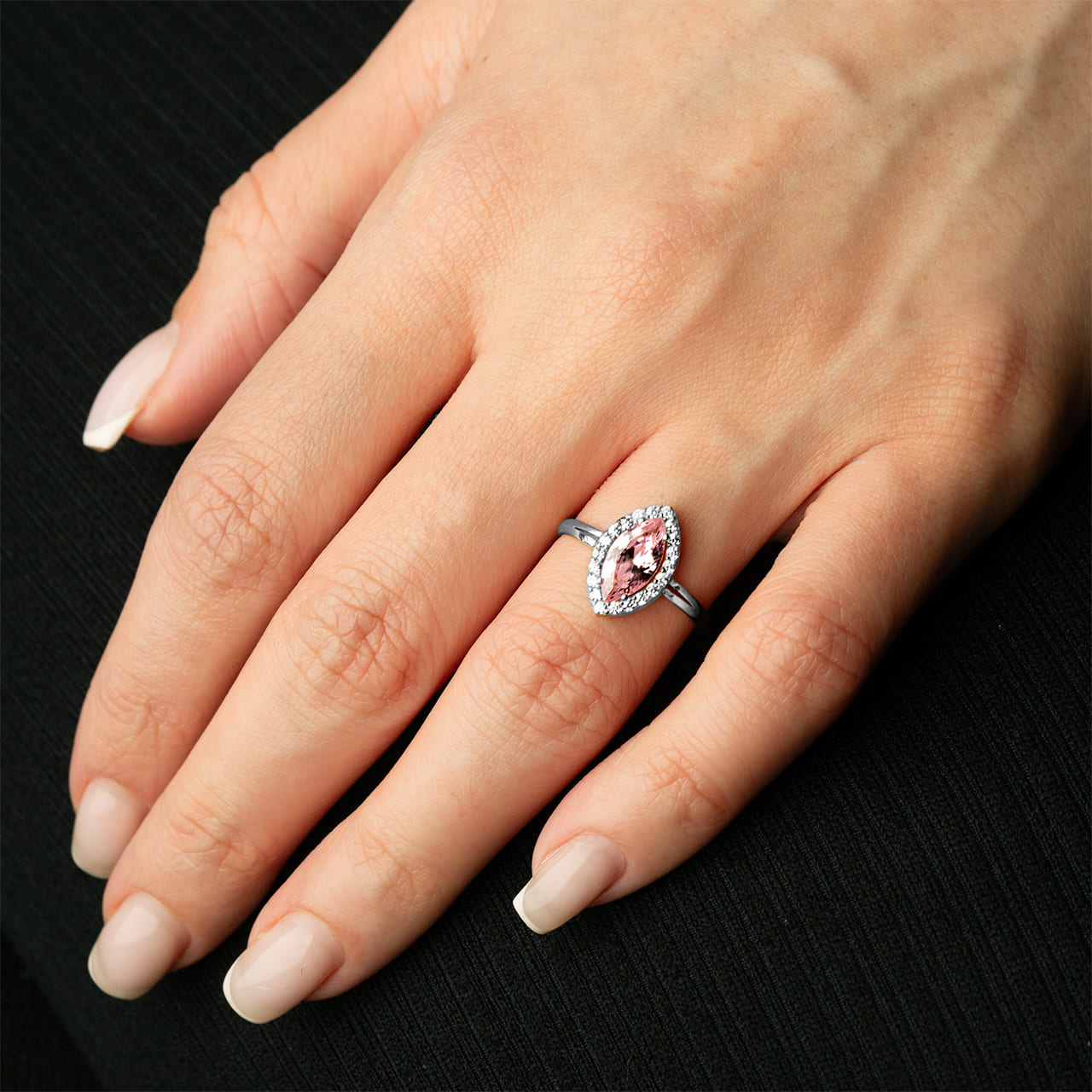 Sterling Silver Marquise Cut Birthstone Halo Ring, view 2