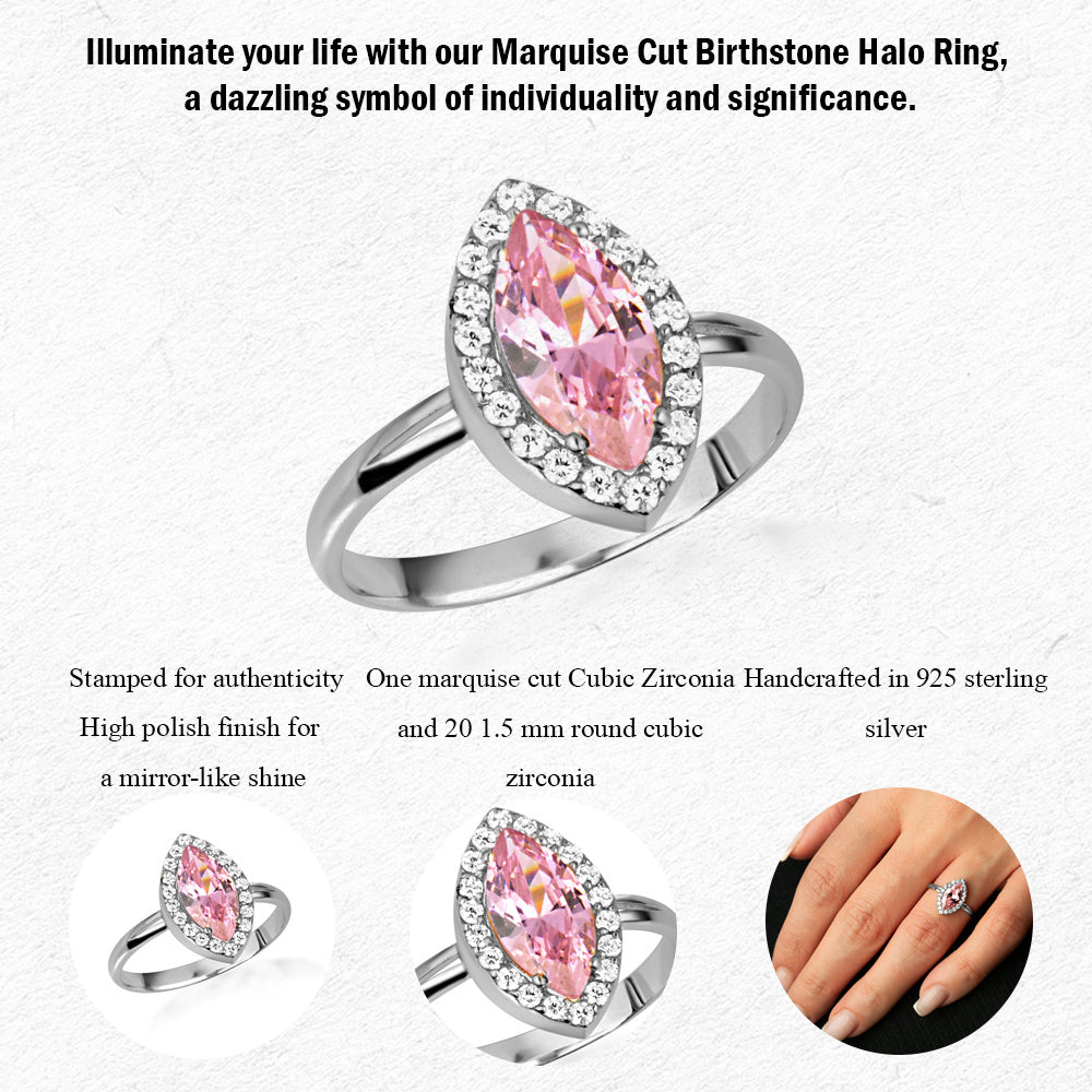 Sterling Silver Marquise Cut Birthstone Halo Ring, view 3