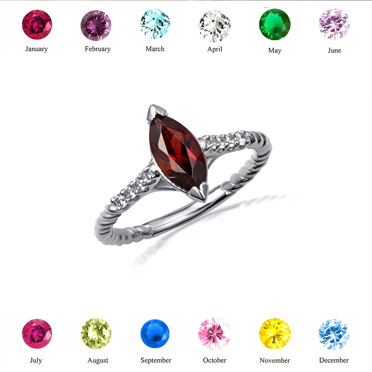 Sterling Silver Marquise Cut Gemstone CZ Roped Twist Ring